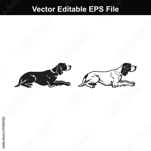 Two dogs, one black silhouette and one line art, lying down on a