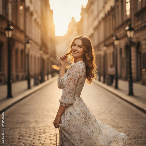 Cheerful young woman turning toward camera on a sunlit historic street; flowing floral dress, cinematic backlight and bokeh.