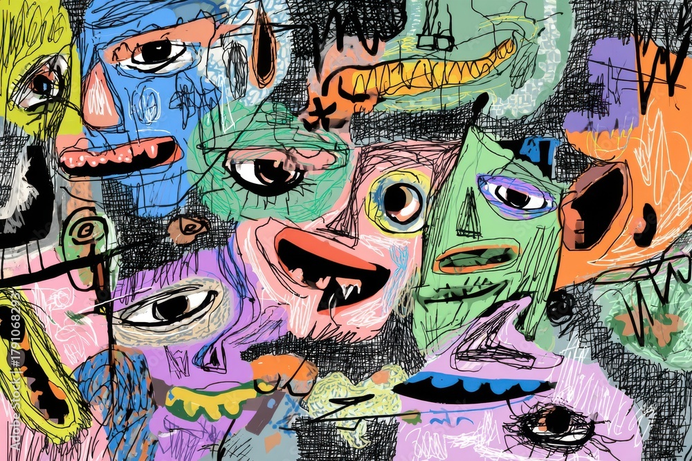 Obraz premium Quirky collage of distorted cartoon faces blending humor and unease, ideal for posters and zine art.