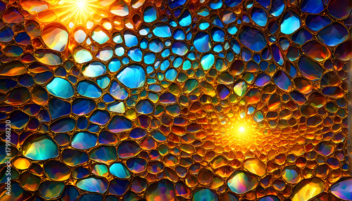 Colorful abstract pattern resembling solar cells or honeycomb, glowing with golden light and vibrant reflections.