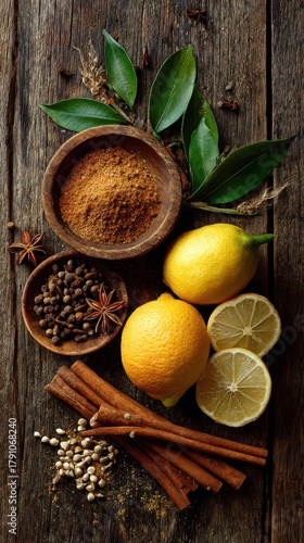 Wallpaper Mural Rustic culinary arrangement with lemons, spices, and bay leaves on wooden surface Torontodigital.ca