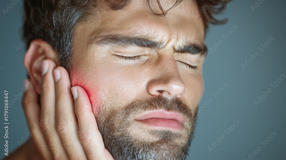 Obraz premium Caucasian young male experiencing toothache with painful expression
