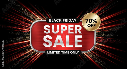 A vibrant graphic announcing a Black Friday Super Sale, highlighted with a tempting 70% discount offer, all set against a dynamic background, perfectly suited for promotion. vector illustration
