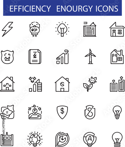 Energy efficiency icon set. Containing energy saving, sustainability, electricity, consumption, house, reduction, lightning and more
