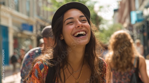 Wallpaper Mural A woman wearing a hat and smiling. She is surrounded by people on a street. Scene is happy and cheerful Torontodigital.ca