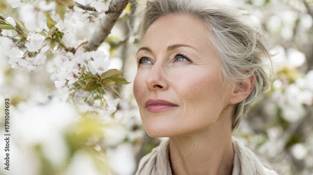 Fototapeta premium A woman with grey hair and a white scarf is standing in front of a tree with pink flowers