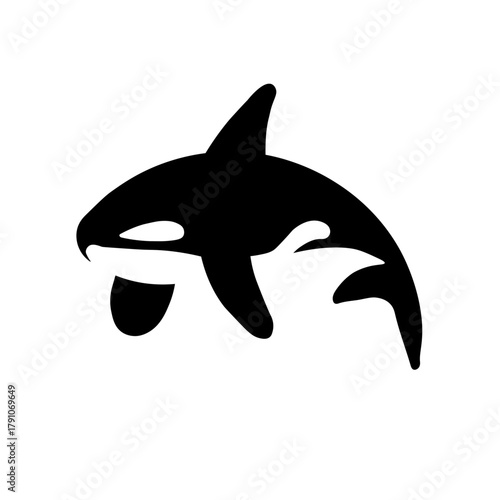 Minimalist killer whale silhouette, orca logo design, black and white animal vector illustration isolated on white background