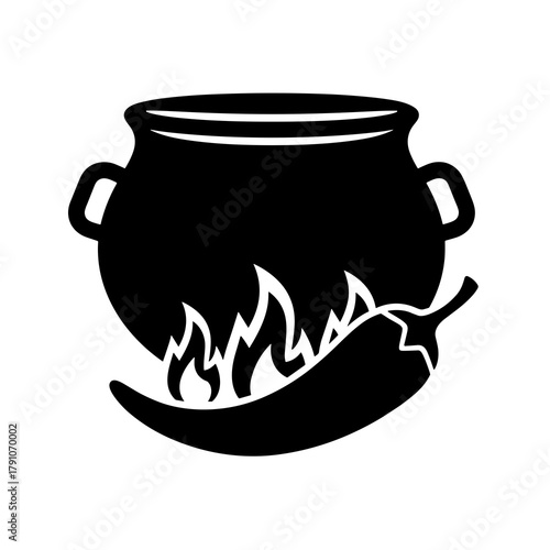 A cauldron with flames beneath it and a chili pepper next to it in a simple black and white design icon