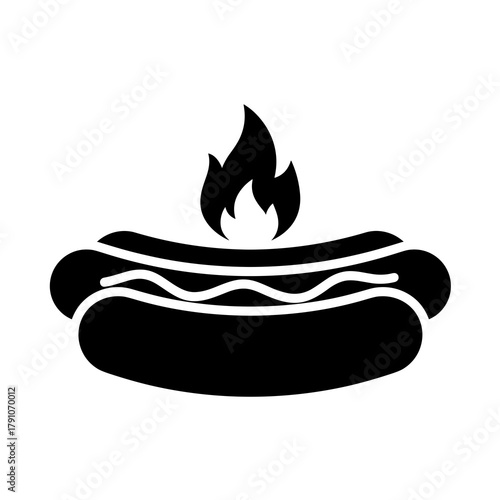 A stylized black and white drawing of a hotdog with flames above it on a plain white background icon