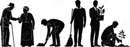 People silhouettes helping elderly, cleaning, and planting trees, community care and volunteer concept, environmental support vector illustration, isolated black design