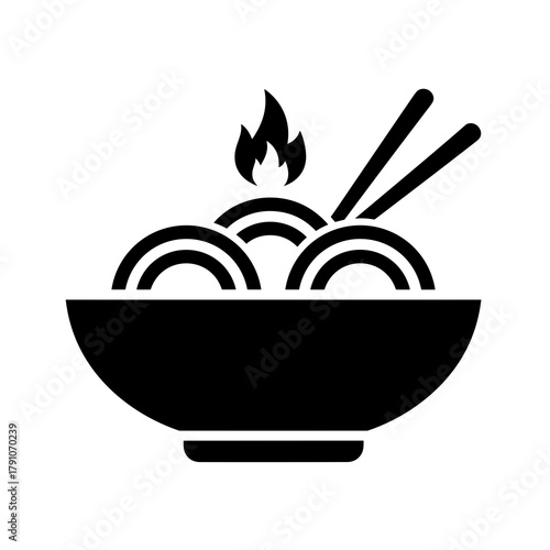 Illustration of a bowl of noodles with chopsticks and a flame on top depicted in black color icon