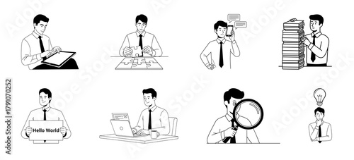 Collection of business people in various activities and poses in black and white style drawing art