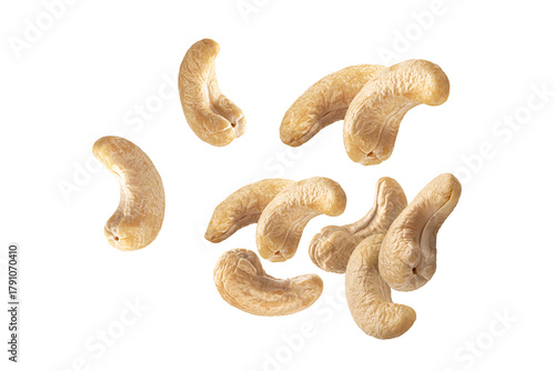 Foto PNG image of Closeup showcases a scattering of delicious cashew nuts against a s