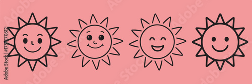 Cute cartoon sun faces collection, smiling sunshine vector illustration with bold black outlines on pink background, cheerful summer doodle set for stickers and design