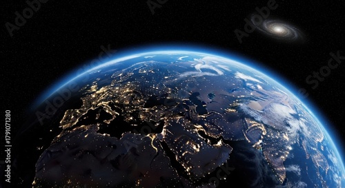 Planet Earth visible from space at night, illuminated cities across continents, with bright stars and a swirling galaxy.