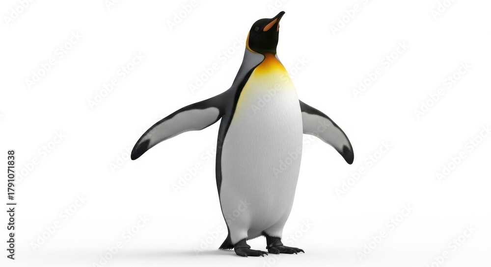 Fototapeta premium King penguin standing tall and looking up, flippers extended, a majestic wild bird isolated on a simple white background.