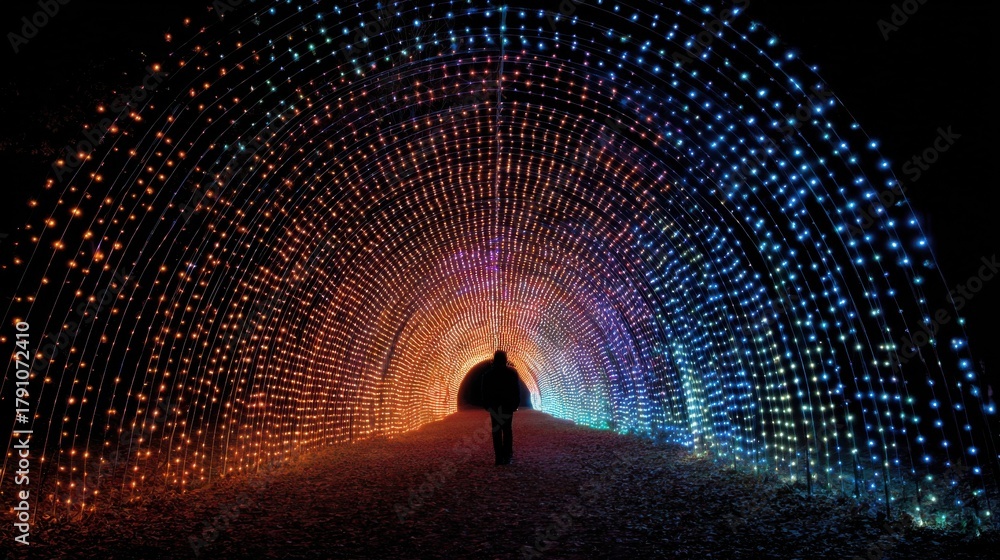 Fototapeta premium A person walks through a tunnel lit with colorful lights. The lights are arranged in a way that creates a sense of depth and movement. The tunnel seems to be a part of a larger installation or event