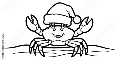 Cute crab wearing a festive Santa hat, smiling cheerfully while sitting on a sandy beach, perfect for holiday-themed coloring pages and creative activities for children