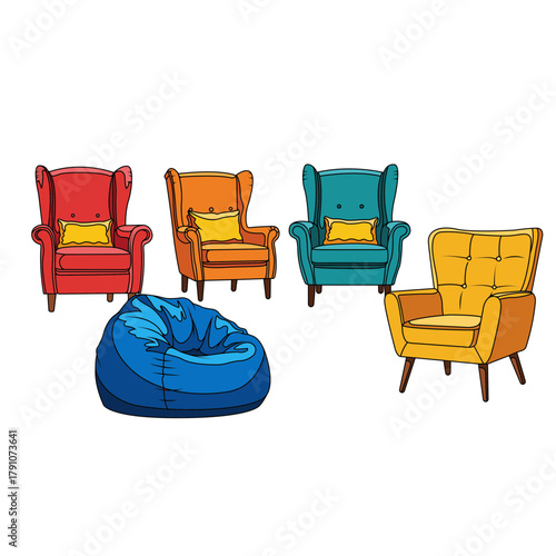 A vibrant collection of modern and classic armchairs alongside a casual blue bean bag showcasing various furniture styles and bright colors ideal for interior design
