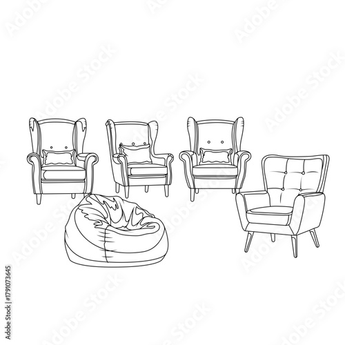 Stylish and comfortable seating options in a modern minimalist line art illustration featuring a diverse collection of four classic wingback armchairs and a versatile beanbag