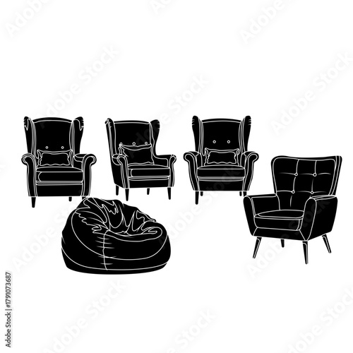 Collection of classic armchairs and a modern bean bag chair in a minimalist black and white line art illustration