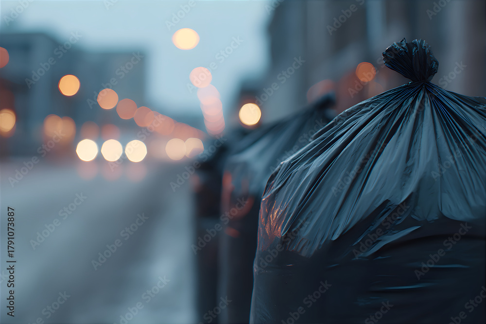 Obraz premium Black garbage bag on a street with blurred city lights in the background. Urban waste and pollution concept for environmental issues.