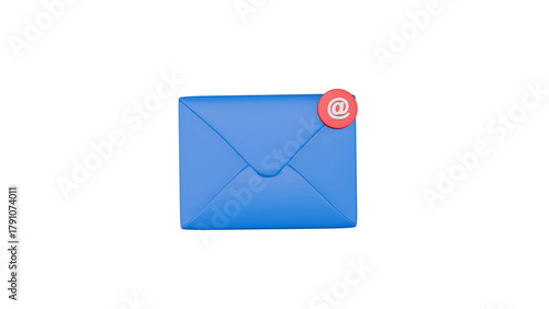 3D Blue Email Envelope with Red Notification Symbol on Transparent Background, Digital Message Icon for Web and App Design