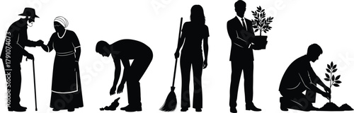 People silhouettes helping, cleaning, and planting trees, community support concept, charity volunteer vector illustration, environmental care design, isolated on white background
