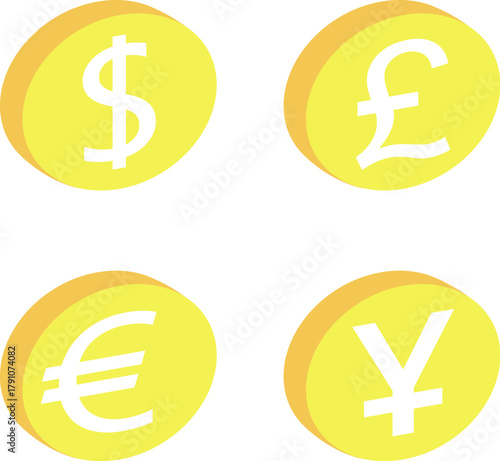 Euro, dollar, pound sterling and Japanese Yen currency symbols. Foreign exchange currency sign. Money coin icons. Vector