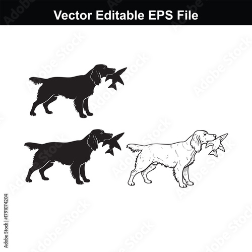 Three vector illustrations of a dog holding a bird in its mouth