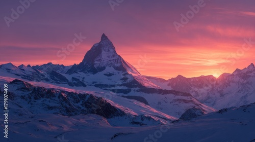 A mountain range with a snow covered peak and a sunset in the background. The sky is a mix of pink and purple hues