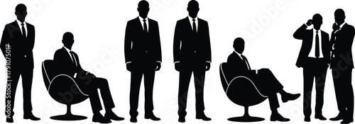 Silhouette of business men standing and sitting in office poses, professional teamwork concept, corporate leadership vector illustration design