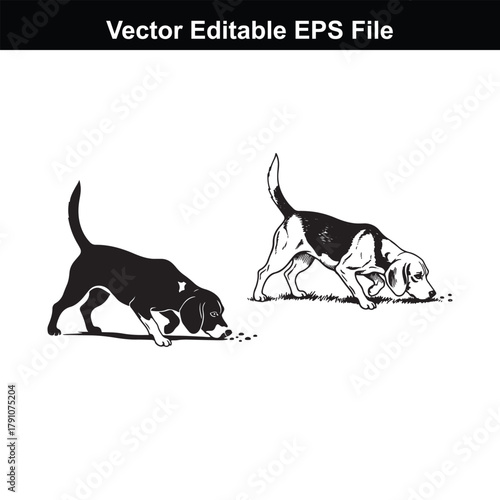 Two beagle dogs in silhouette, one solid black and one with black and white markings, both sniffing the ground