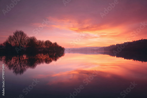 Wallpaper Mural Serene lake reflecting a vibrant orange  pink sunrise sky. Silhouetted trees frame a tranquil scene. Ideal for themes of peace, nature, or new beginnings. Torontodigital.ca