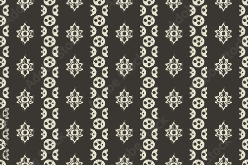 Seamless Ikat textile design featuring floral and geometric motifs on a black background. Traditional fabric pattern combines cultural artistry. perfect for fashion, upholstery, wallpaper