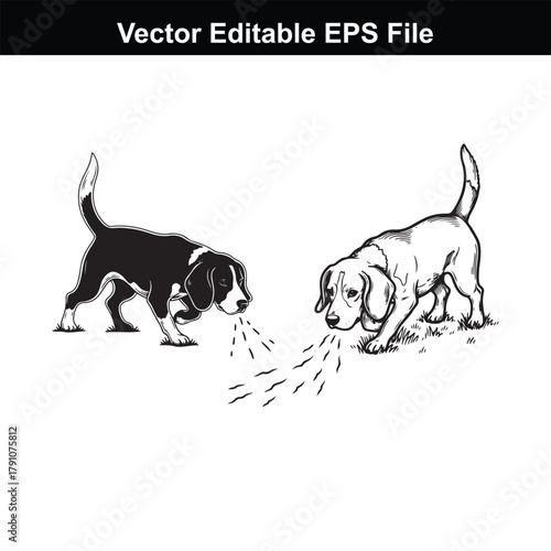 Two beagle dogs sniffing the ground, one black and white, the other sepia, with scent trails depicted in a vintage illustration style