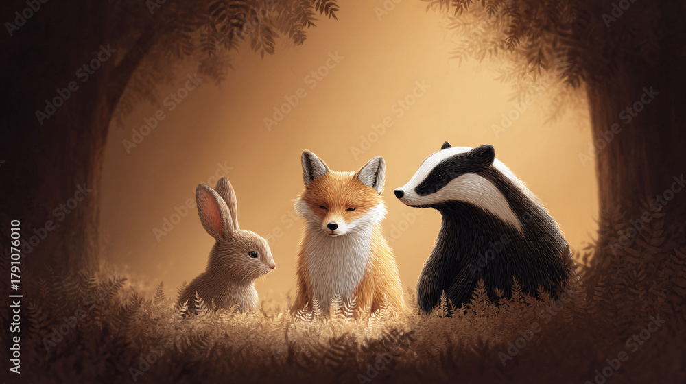 Obraz premium Charming illustration of a rabbit, fox, and badger in a serene woodland setting. Evokes friendship, harmony, and nature. Ideal for childrens books, and warm, inviting designs.