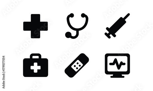 medical, healthcare, cross, plus sign, stethoscope, syringe, needle, first aid kit, bandage, plaster, monitor, screen, heartbeat, ekg, electrocardiogram, icon, symbol, graphic, design, vector, set, co