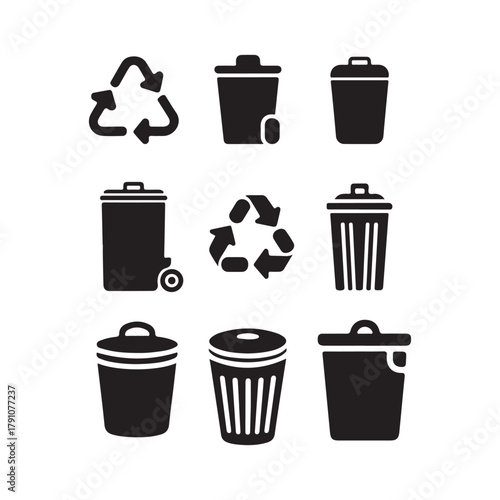 a collection of various waste containers and recycling symbols presented in a minimalist black and white silhouette