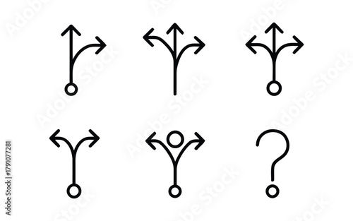 arrows, branching, fork, direction, choice, decision, path, way, question mark, uncertainty, confusion, options, strategy, logic, symbol, icon, graphic, design, illustration, vector, black and white, 