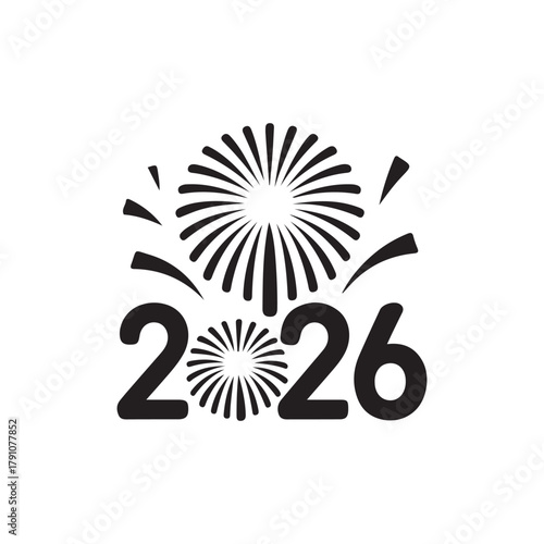 a dynamic black and white illustration features fireworks and the year two thousand twenty six silhouette