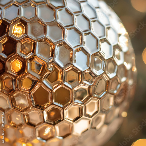 Metallic ornament with honeycomb texture and champagne finish
