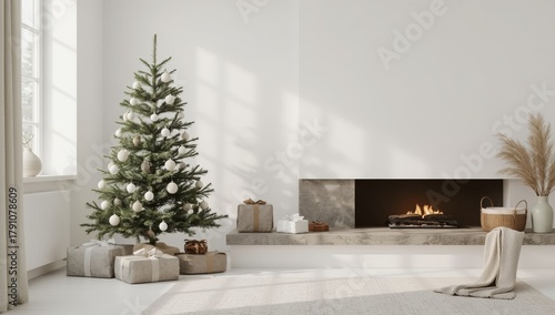 modern living room, A photo frame mockup hangs above the fireplace in a cozy, bright Scandinavian-style kitchen interior. It's snowing outside, and there's a Christmas tree by the fireplace.