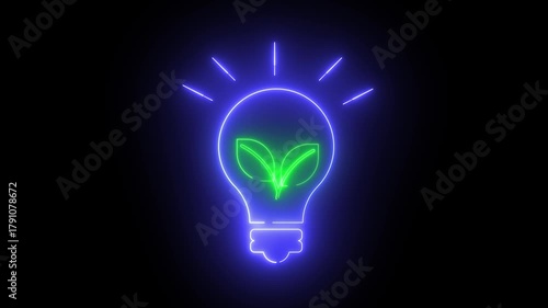 Plant icon inside light bulb animated in neon light	