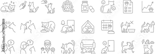 cat, kitten, pet, animal, icon, set, sleeping, playing, carrier, food bowl, vet, doctor, medicine, pills, happy, sad, checklist, graph, growth, fighting, confused, door, house, calendar, appointment, 