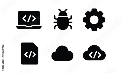 coding, programming, software, development, laptop, computer, code, tags, bug, insect, gear, cogwheel, settings, file, document, cloud, computing, data, symbol, graphic, illustration, black and white,