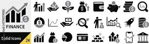 finance, money, business, icon, symbol, graph, chart, growth, investment, wallet, piggy bank, coins, stack, search, magnifying glass, hand, holding, money bag, pie chart, credit card, gold bars, rocke