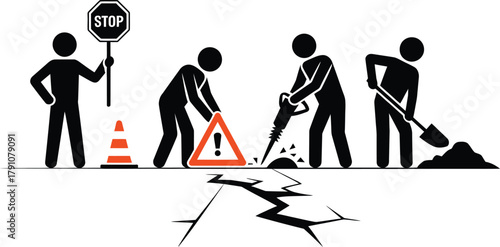 Road maintenance crew using jackhammer, shovel, and safety signs to repair cracked pavement, illustrating essential infrastructure project