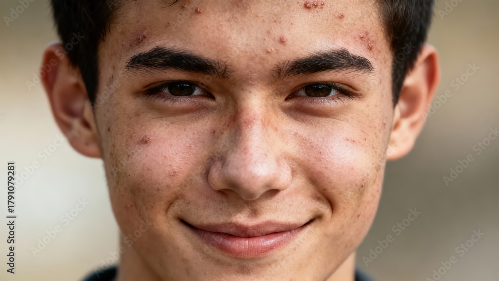 Obraz premium Close-up Portrait of a Teenager with Acne and Freckles