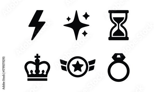 icon, set, symbol, lightning bolt, flash, sparkle, star, hourglass, time, clock, crown, royalty, medal, badge, wings, ring, diamond, wedding, achievement, award, success, power, magic, precious, jewel